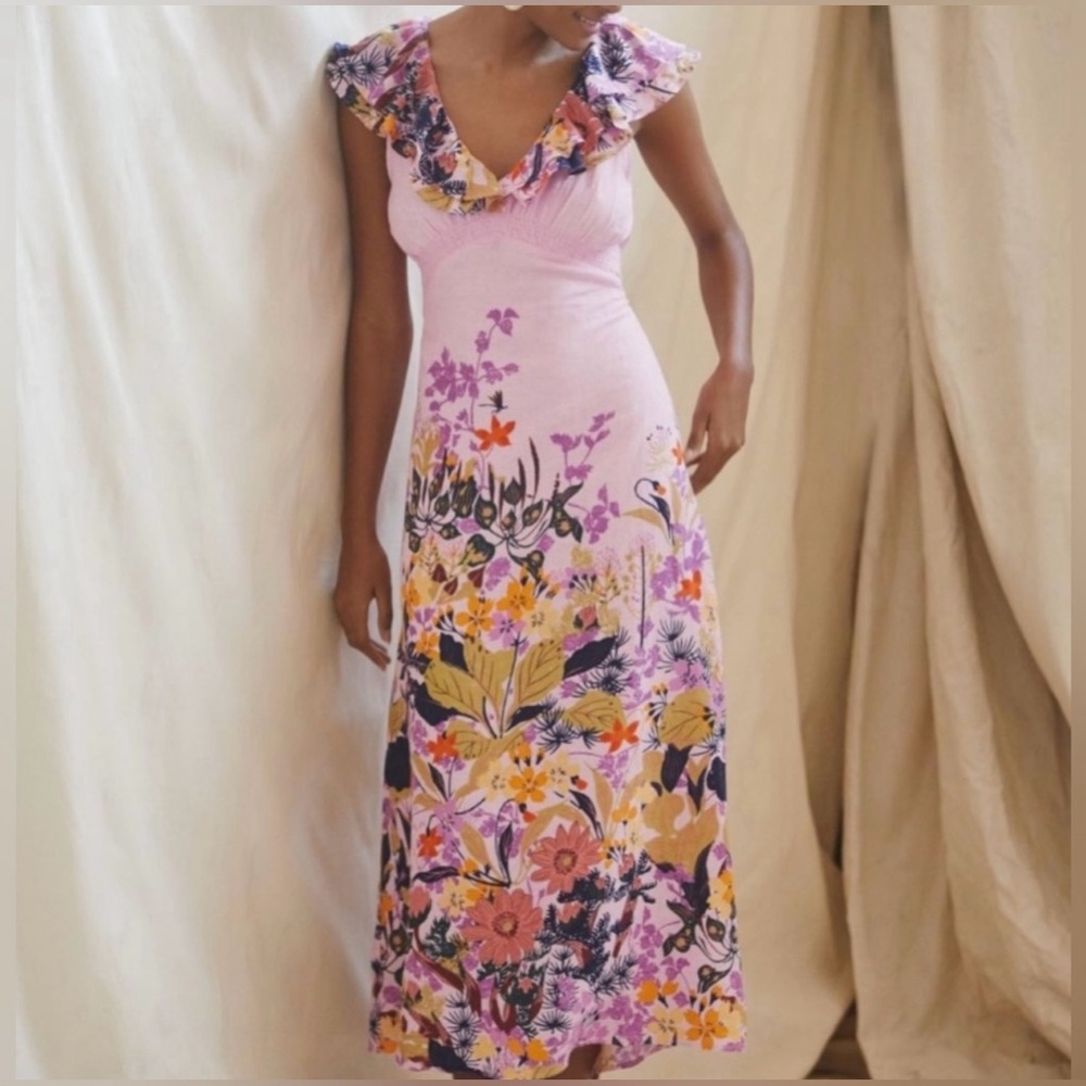 XL Anthropologie-55% linen ruffle purple maxi dress with floral print.Size XL